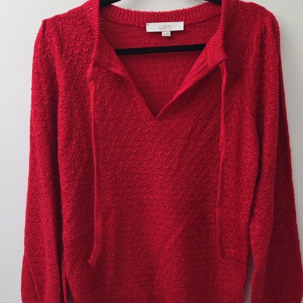 LOFT Red V-Neck Sweater with Tie Detail - Picture 3 of 4